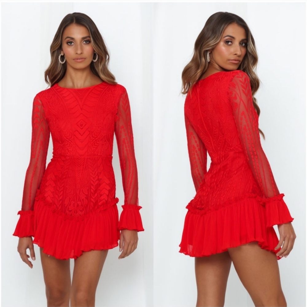 Hello Molly Spend All Your Time Waiting red dress with long sleeves.  Lace sleev
